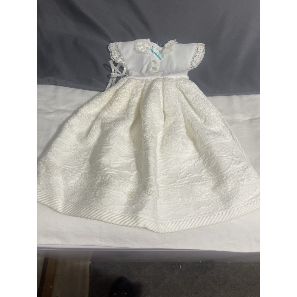 Vintage Handmade hand towel dress lace and buttons Fits dolls or appliances